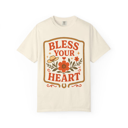 Bless Your Heart T-shirt | Floral Western Hat Horseshoe Design, Comfort Colors