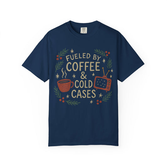 True Crime Junkie and Coffee Lover Comfort Colors Christmas T-shirt, Unisex Tee for Holidays, Murder Mystery Mug Fan Gift, Graphic Tee Shirt
