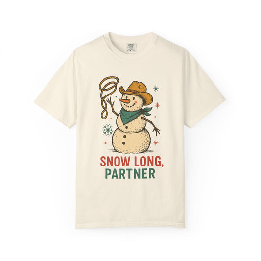 Snow Long Comfort Colors Western Snowman T-shirt - Winter Holiday Tee, Unisex Shirt, Christmas Gift, Festive Graphic Top, Seasonal Apparel