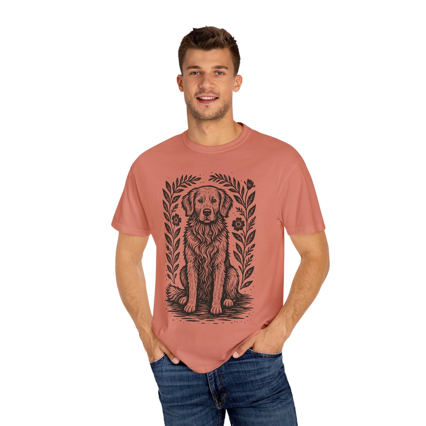 Golden Retriever Illustration T-shirt | Floral Laurel Dog Portrait Comfort Colors Dog Lovers T-shirt