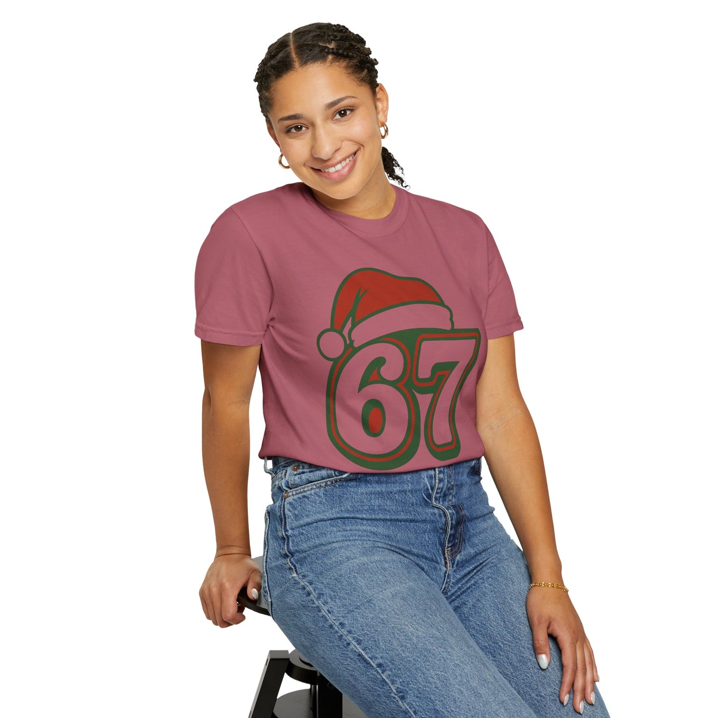Santa Hat Number 67 T-Shirt | Holiday Sports Jersey Style, Comfort Colors