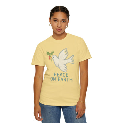 Peace on Earth Dove T-shirt | Holiday Dove with Holly Branch Comfort Colors T-Shirt