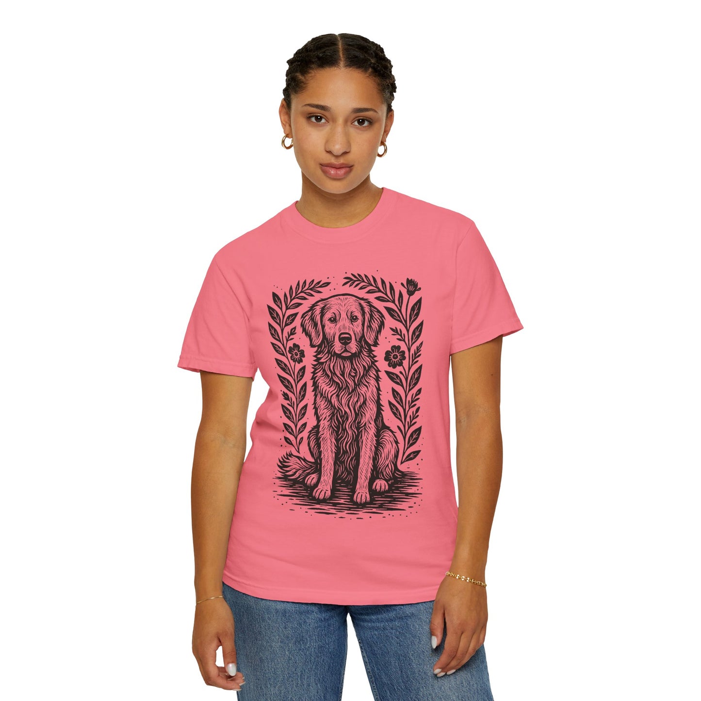 Golden Retriever Illustration T-shirt | Floral Laurel Dog Portrait Comfort Colors Dog Lovers T-shirt