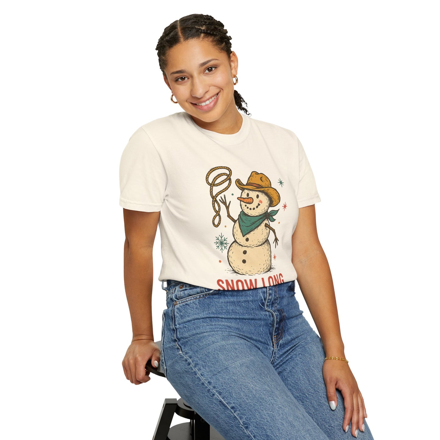 Snow Long Comfort Colors Western Snowman T-shirt - Winter Holiday Tee, Unisex Shirt, Christmas Gift, Festive Graphic Top, Seasonal Apparel