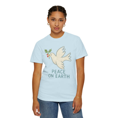 Peace on Earth Dove T-shirt | Holiday Dove with Holly Branch Comfort Colors T-Shirt