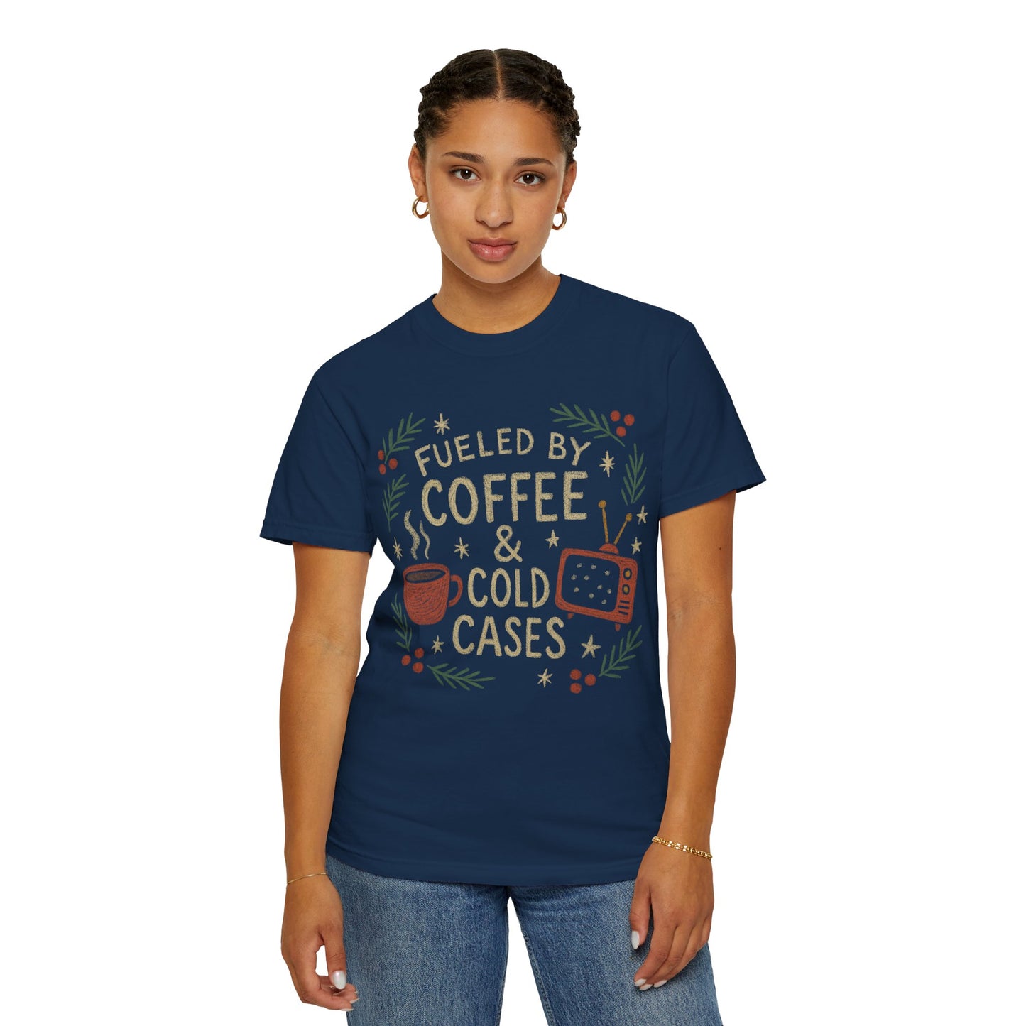 True Crime Junkie and Coffee Lover Comfort Colors Christmas T-shirt, Unisex Tee for Holidays, Murder Mystery Mug Fan Gift, Graphic Tee Shirt