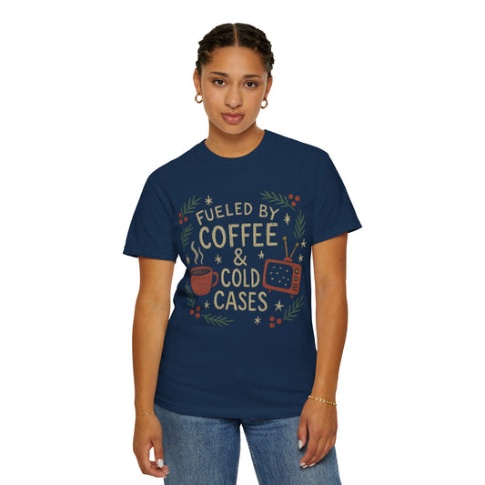 True Crime Junkie and Coffee Lover Comfort Colors Christmas T-shirt, Unisex Tee for Holidays, Murder Mystery Mug Fan Gift, Graphic Tee Shirt