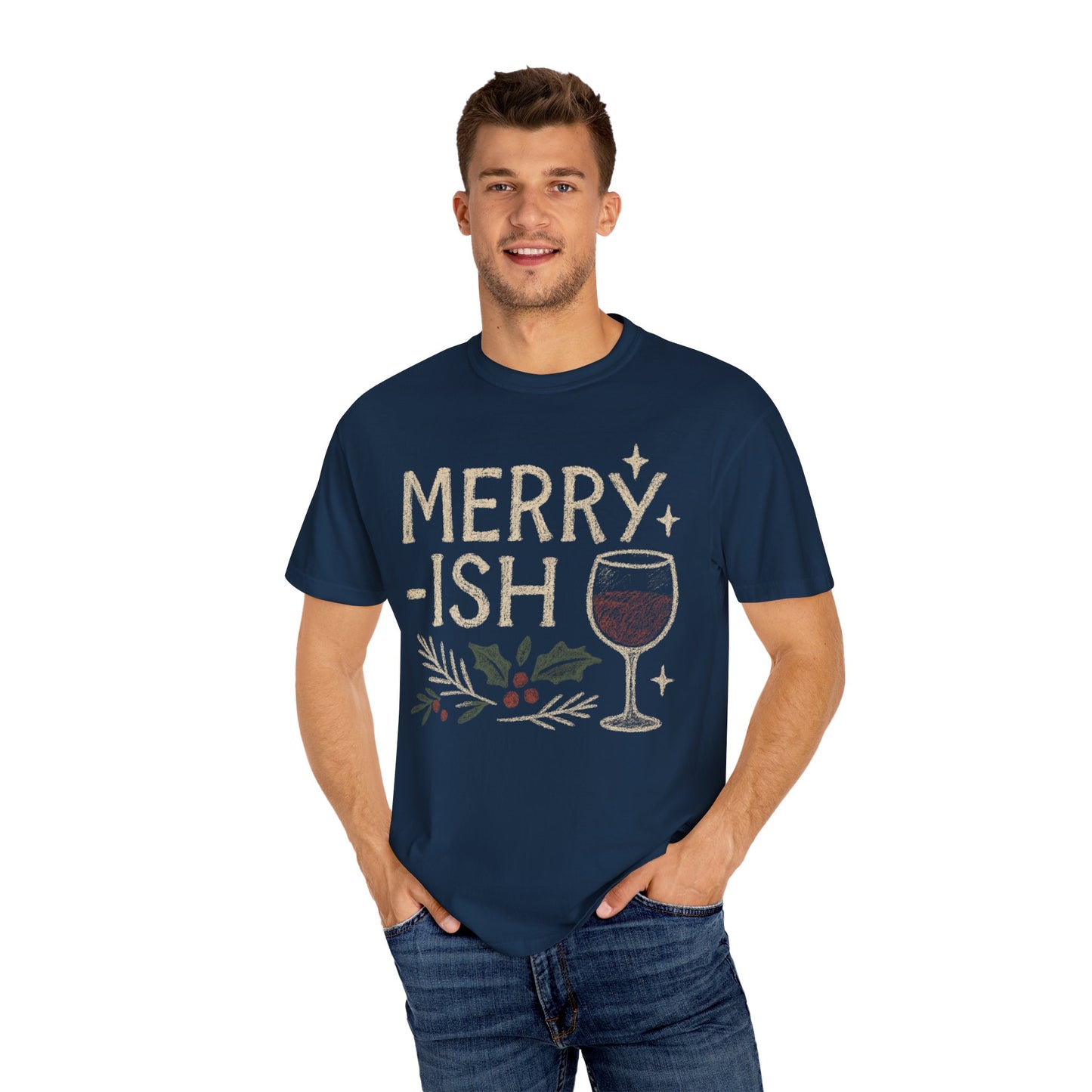 Merry-ish Wine Glass T-shirt | Holiday Holly Illustration Comfort Colors