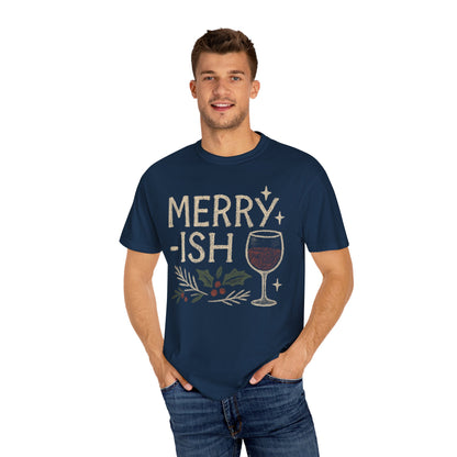 Merry-ish Wine Glass T-shirt | Holiday Holly Illustration Comfort Colors