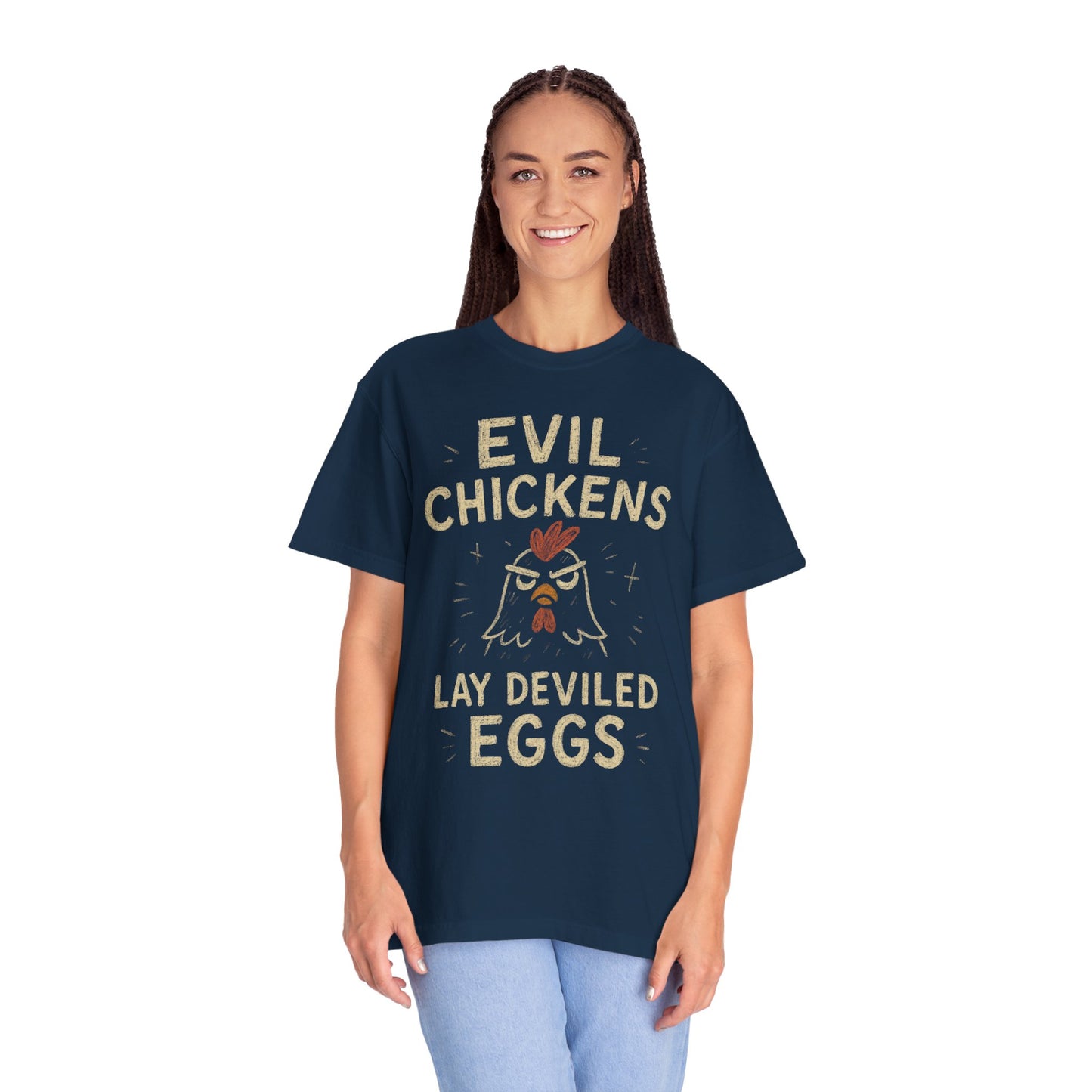 Evil Chickens Lay Deviled Eggs T-Shirt | Funny Chicken Pun Tee Comfort Colors