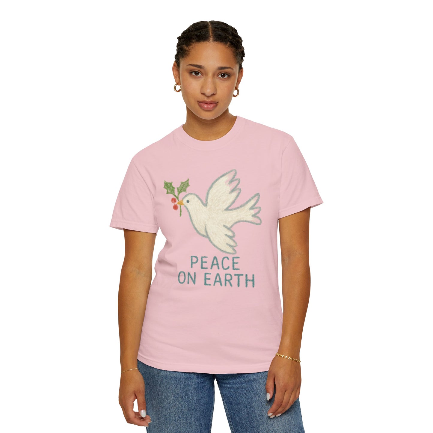 Peace on Earth Dove T-shirt | Holiday Dove with Holly Branch Comfort Colors T-Shirt