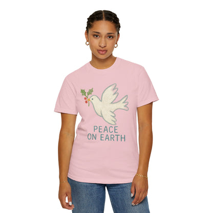 Peace on Earth Dove T-shirt | Holiday Dove with Holly Branch Comfort Colors T-Shirt