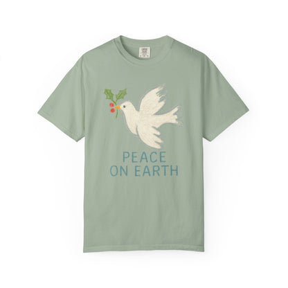 Peace on Earth Dove T-shirt | Holiday Dove with Holly Branch Comfort Colors T-Shirt