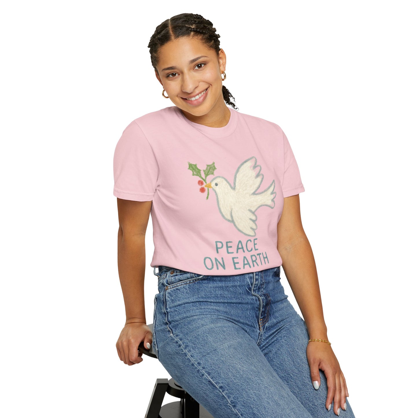 Peace on Earth Dove T-shirt | Holiday Dove with Holly Branch Comfort Colors T-Shirt