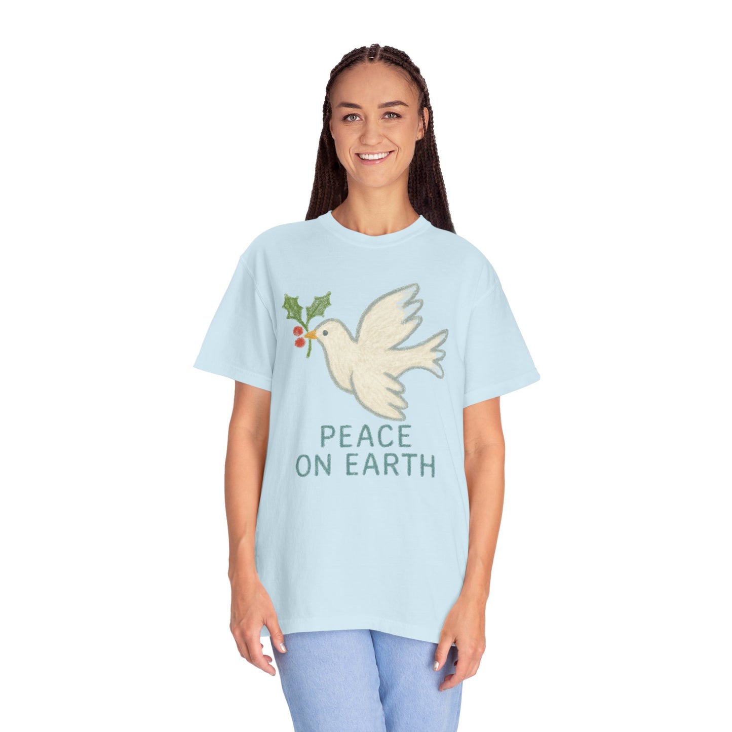 Peace on Earth Dove T-shirt | Holiday Dove with Holly Branch Comfort Colors T-Shirt