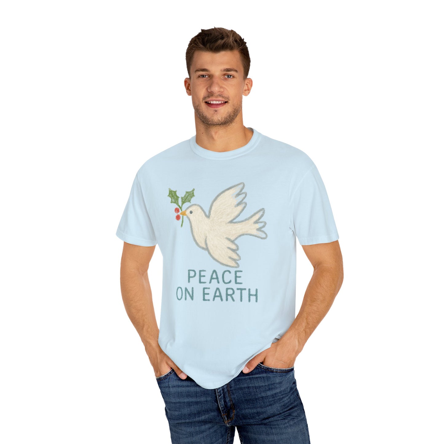 Peace on Earth Dove T-shirt | Holiday Dove with Holly Branch Comfort Colors T-Shirt