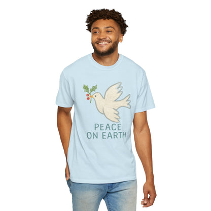 Peace on Earth Dove T-shirt | Holiday Dove with Holly Branch Comfort Colors T-Shirt