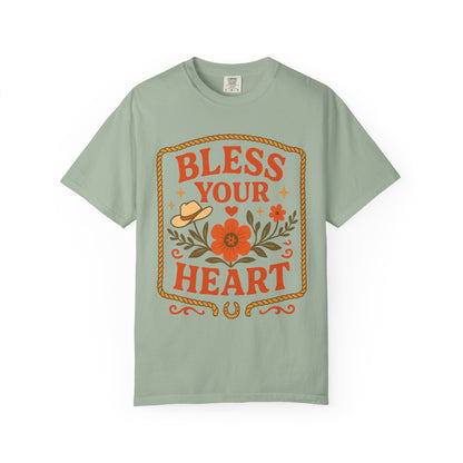Bless Your Heart T-shirt | Floral Western Hat Horseshoe Design, Comfort Colors