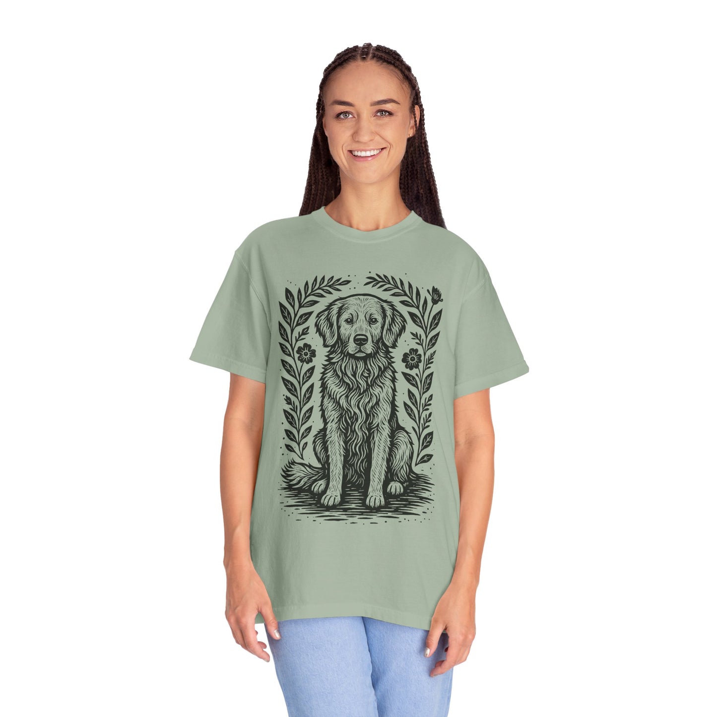 Golden Retriever Illustration T-shirt | Floral Laurel Dog Portrait Comfort Colors Dog Lovers T-shirt