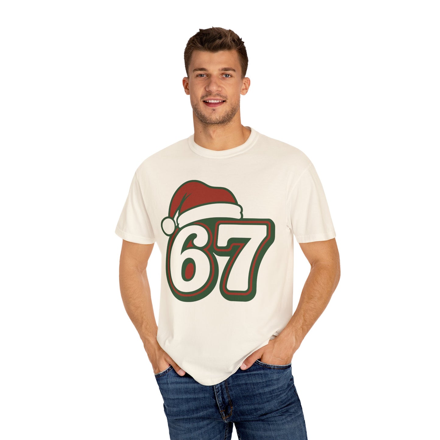 Santa Hat Number 67 T-Shirt | Holiday Sports Jersey Style, Comfort Colors
