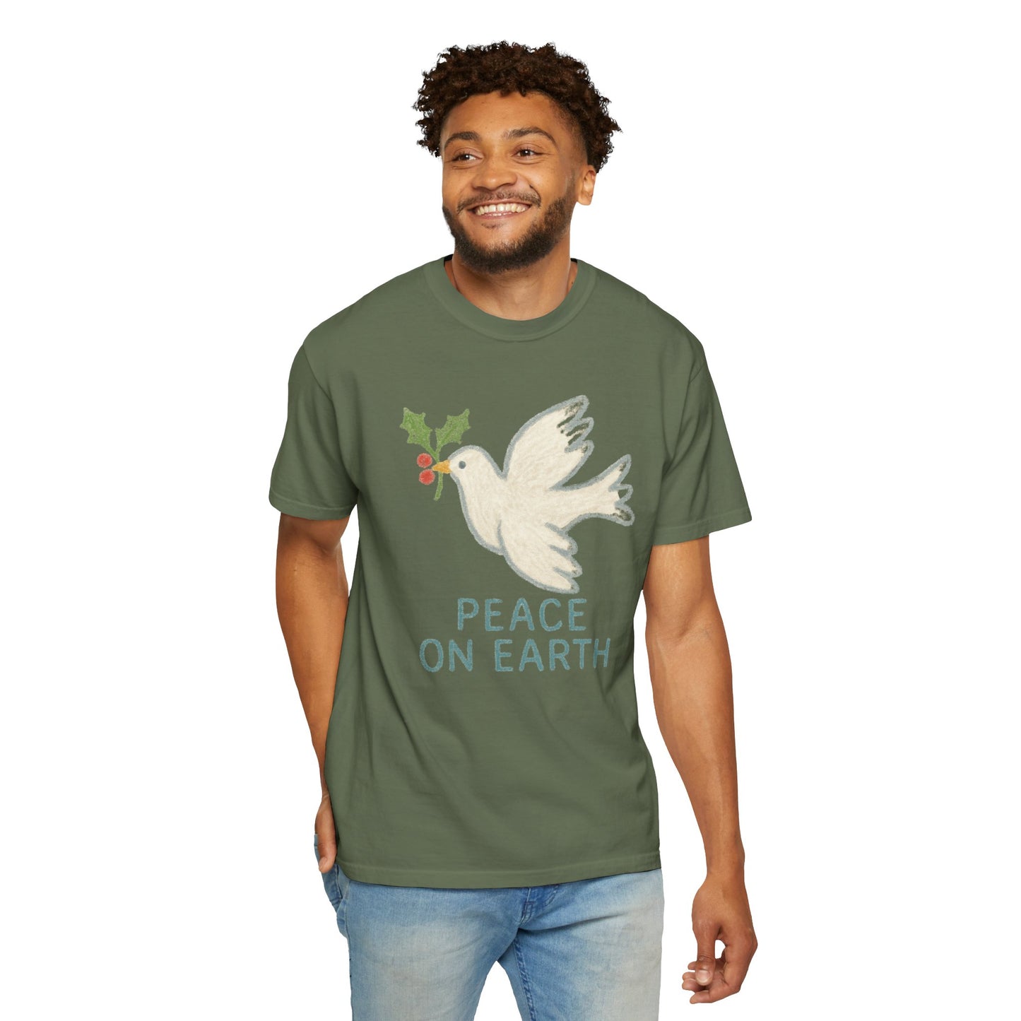 Peace on Earth Dove T-shirt | Holiday Dove with Holly Branch Comfort Colors T-Shirt