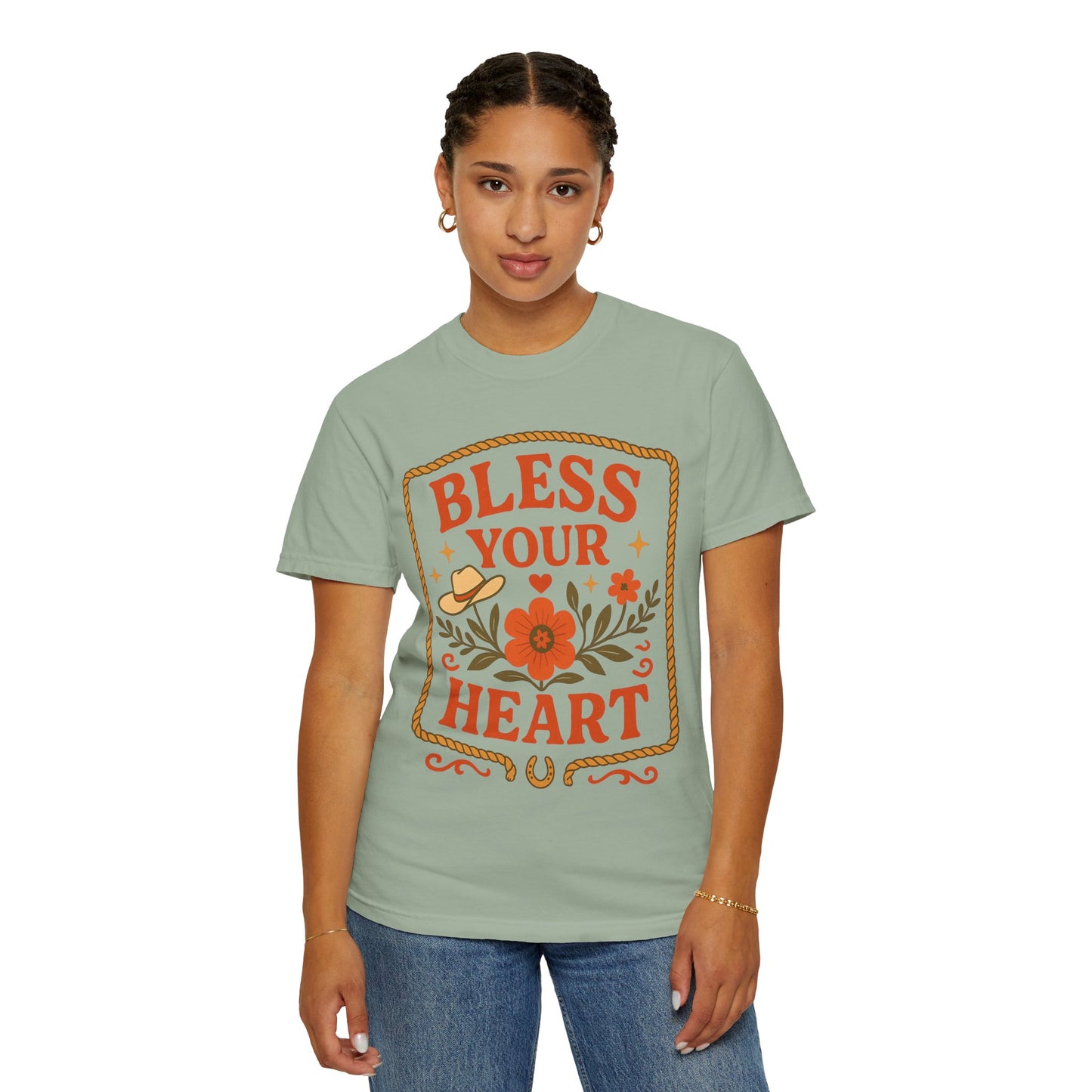 Bless Your Heart T-shirt | Floral Western Hat Horseshoe Design, Comfort Colors
