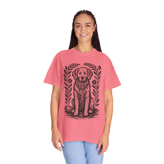 Golden Retriever Illustration T-shirt | Floral Laurel Dog Portrait Comfort Colors Dog Lovers T-shirt