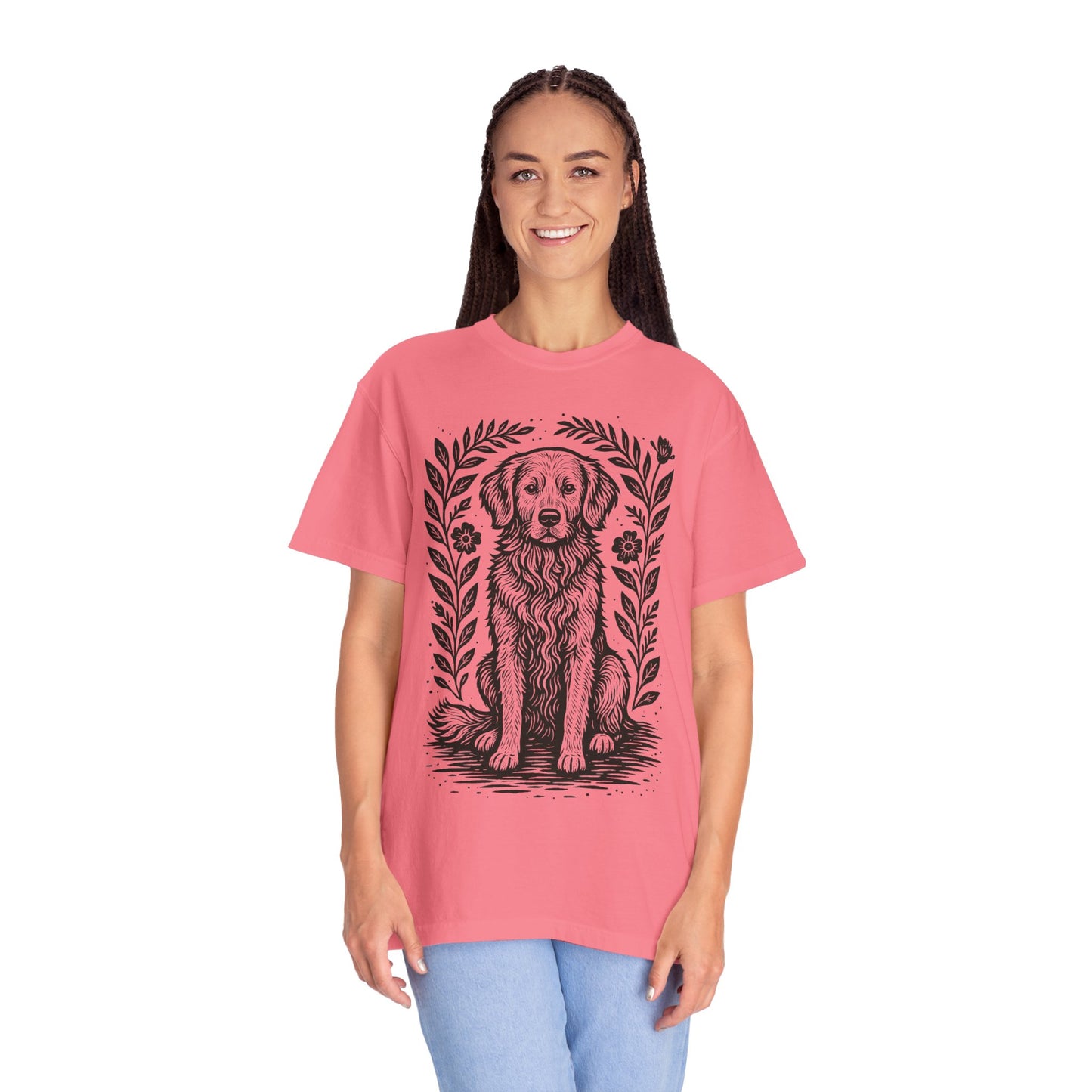 Golden Retriever Illustration T-shirt | Floral Laurel Dog Portrait Comfort Colors Dog Lovers T-shirt