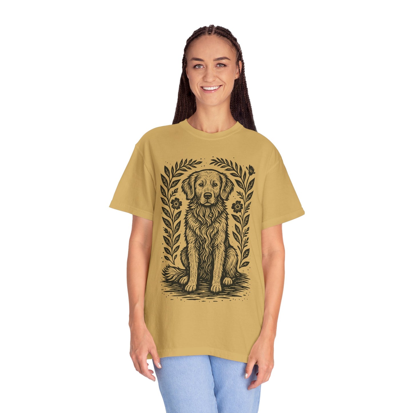 Golden Retriever Illustration T-shirt | Floral Laurel Dog Portrait Comfort Colors Dog Lovers T-shirt