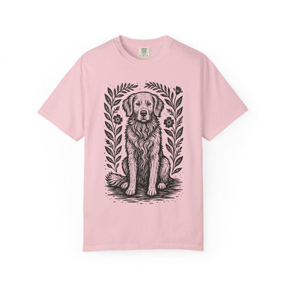 Golden Retriever Illustration T-shirt | Floral Laurel Dog Portrait Comfort Colors Dog Lovers T-shirt