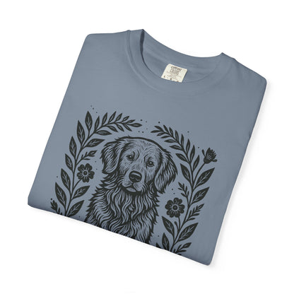 Golden Retriever Illustration T-shirt | Floral Laurel Dog Portrait Comfort Colors Dog Lovers T-shirt