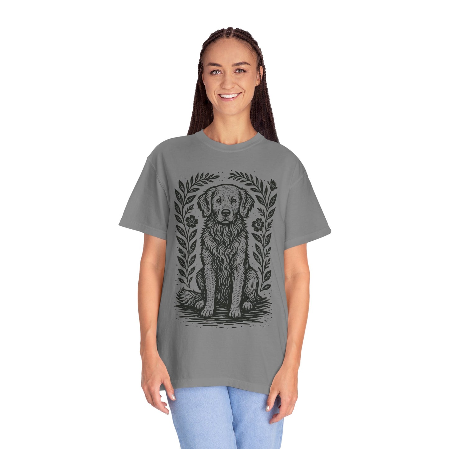 Golden Retriever Illustration T-shirt | Floral Laurel Dog Portrait Comfort Colors Dog Lovers T-shirt