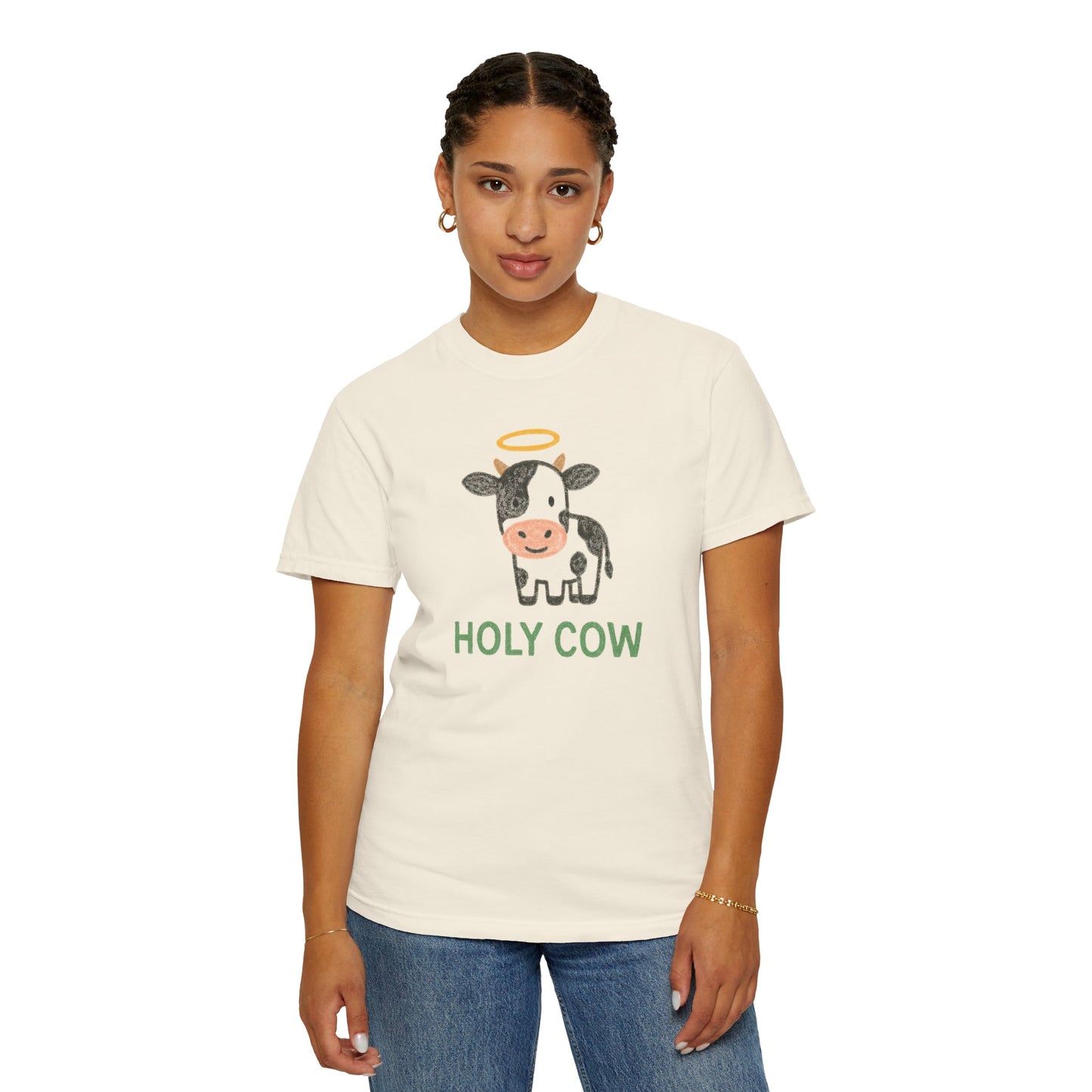 Holy Cow cartoon cow with halo T-Shirt | Cute farm animal tee Comfort Colors t-shirt