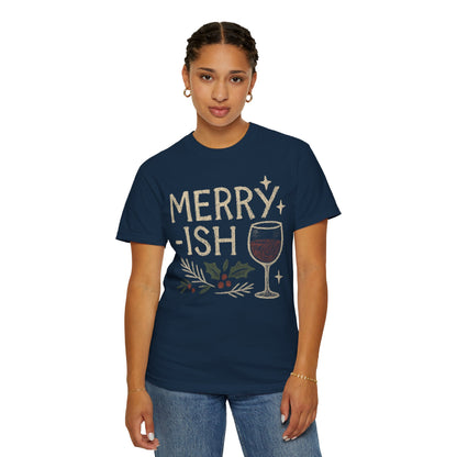 Merry-ish Wine Glass T-shirt | Holiday Holly Illustration Comfort Colors