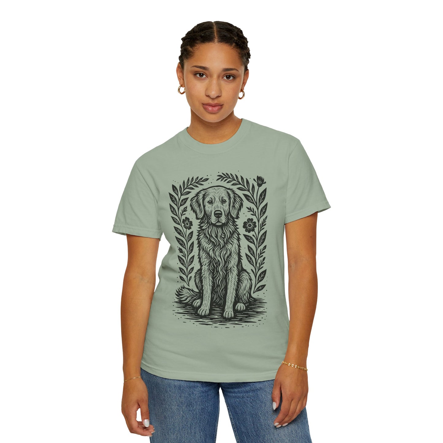 Golden Retriever Illustration T-shirt | Floral Laurel Dog Portrait Comfort Colors Dog Lovers T-shirt