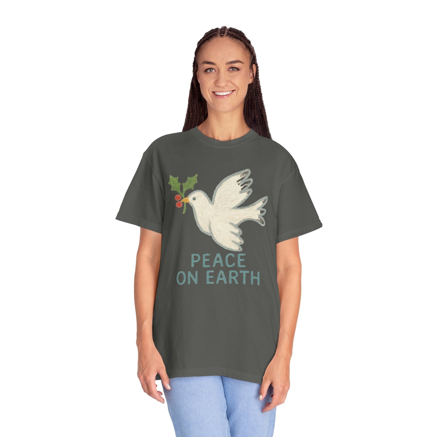 Peace on Earth Dove T-shirt | Holiday Dove with Holly Branch Comfort Colors T-Shirt