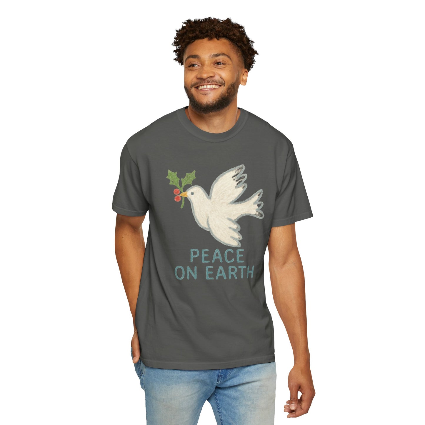 Peace on Earth Dove T-shirt | Holiday Dove with Holly Branch Comfort Colors T-Shirt