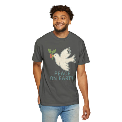 Peace on Earth Dove T-shirt | Holiday Dove with Holly Branch Comfort Colors T-Shirt
