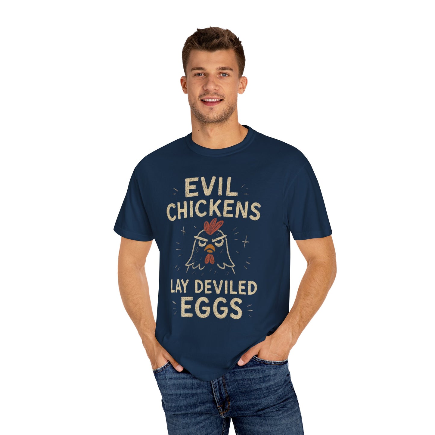 Evil Chickens Lay Deviled Eggs T-Shirt | Funny Chicken Pun Tee Comfort Colors