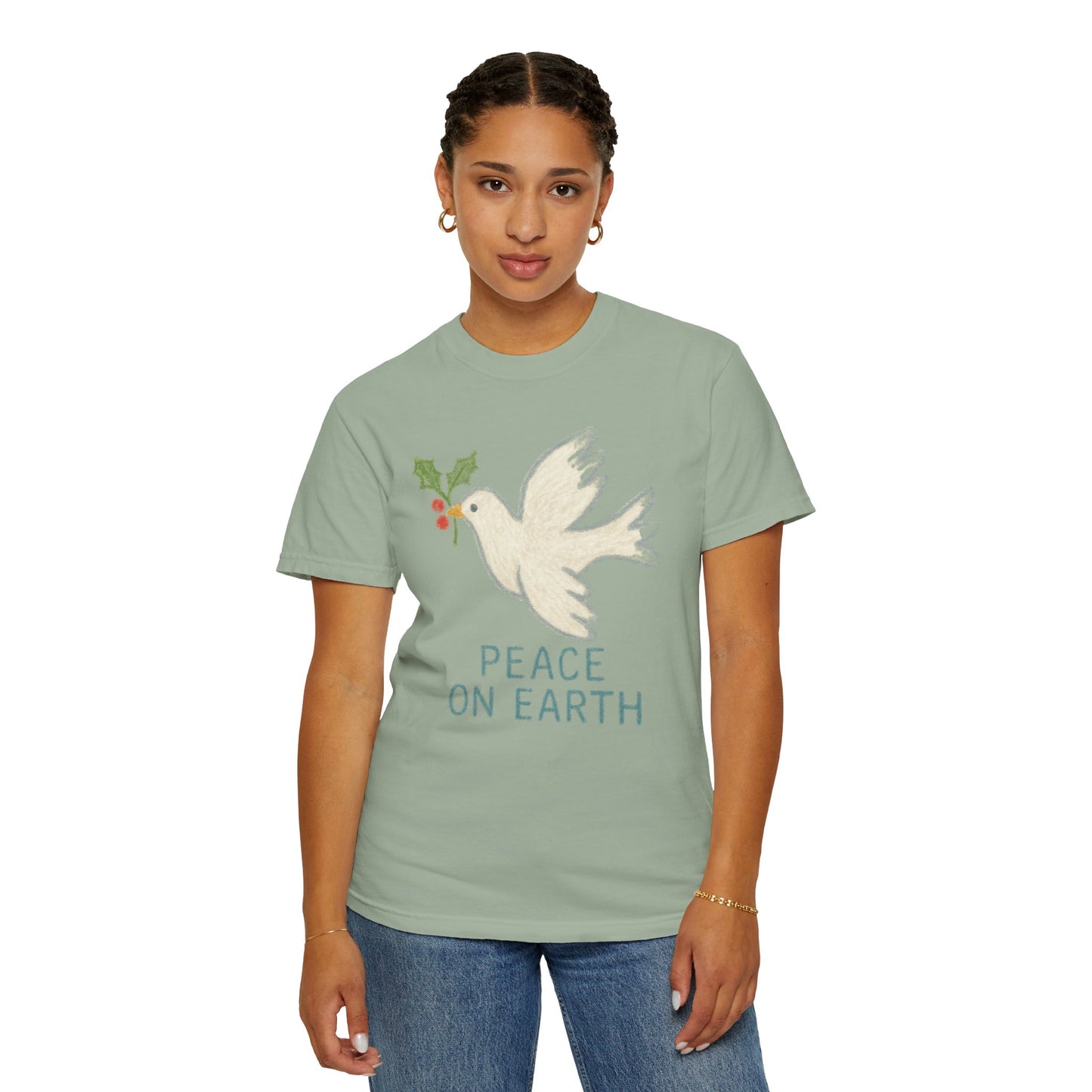 Peace on Earth Dove T-shirt | Holiday Dove with Holly Branch Comfort Colors T-Shirt