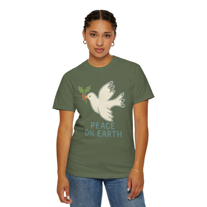 Peace on Earth Dove T-shirt | Holiday Dove with Holly Branch Comfort Colors T-Shirt