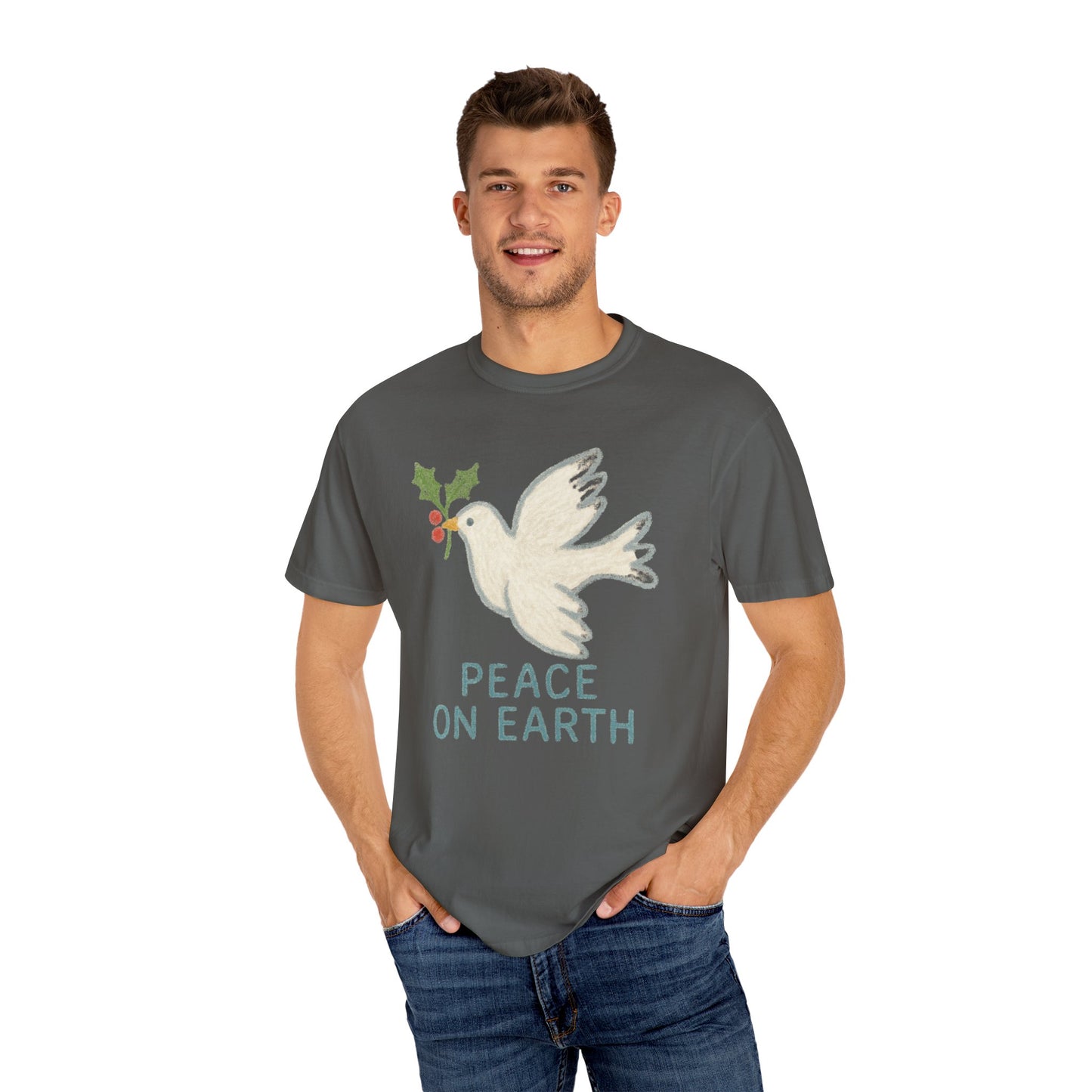 Peace on Earth Dove T-shirt | Holiday Dove with Holly Branch Comfort Colors T-Shirt