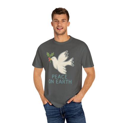 Peace on Earth Dove T-shirt | Holiday Dove with Holly Branch Comfort Colors T-Shirt