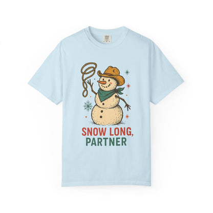 Snow Long Comfort Colors Western Snowman T-shirt - Winter Holiday Tee, Unisex Shirt, Christmas Gift, Festive Graphic Top, Seasonal Apparel