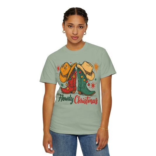 Howdy Christmas Cowboy Boots and Hats T-Shirt | Western Holiday Graphic, Comfort Colors