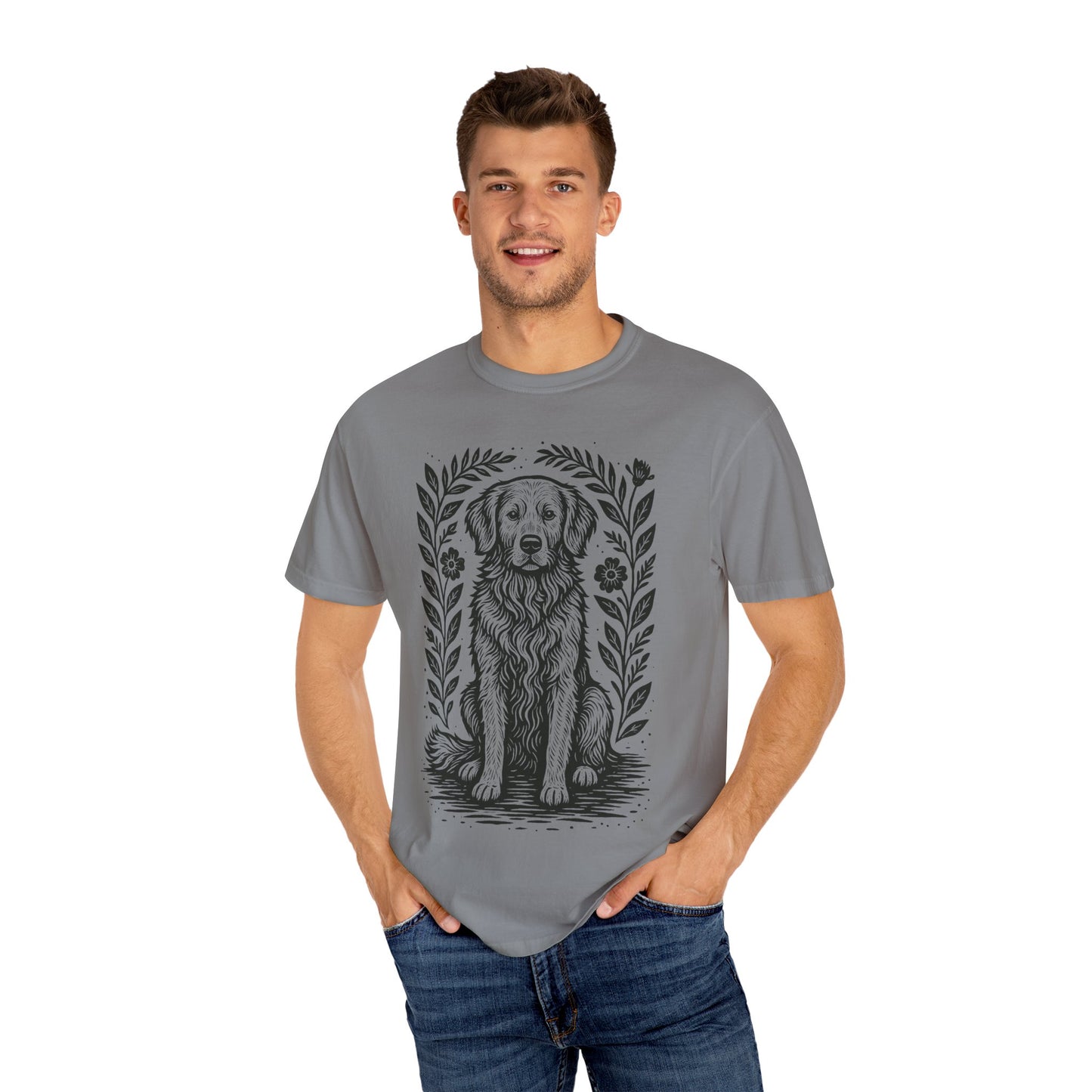 Golden Retriever Illustration T-shirt | Floral Laurel Dog Portrait Comfort Colors Dog Lovers T-shirt