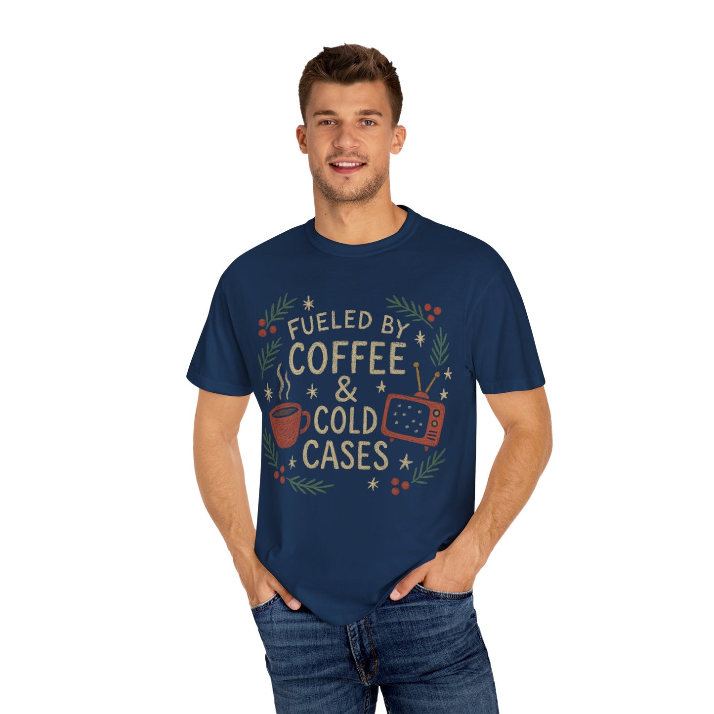 True Crime Junkie and Coffee Lover Comfort Colors Christmas T-shirt, Unisex Tee for Holidays, Murder Mystery Mug Fan Gift, Graphic Tee Shirt