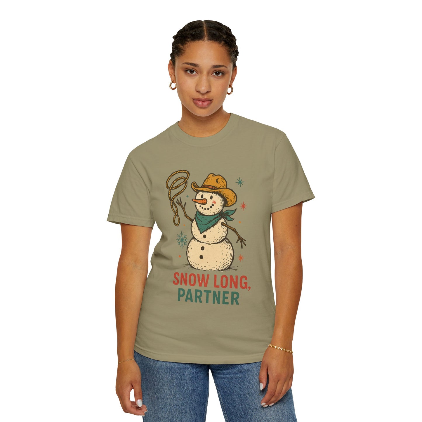 Snow Long Comfort Colors Western Snowman T-shirt - Winter Holiday Tee, Unisex Shirt, Christmas Gift, Festive Graphic Top, Seasonal Apparel
