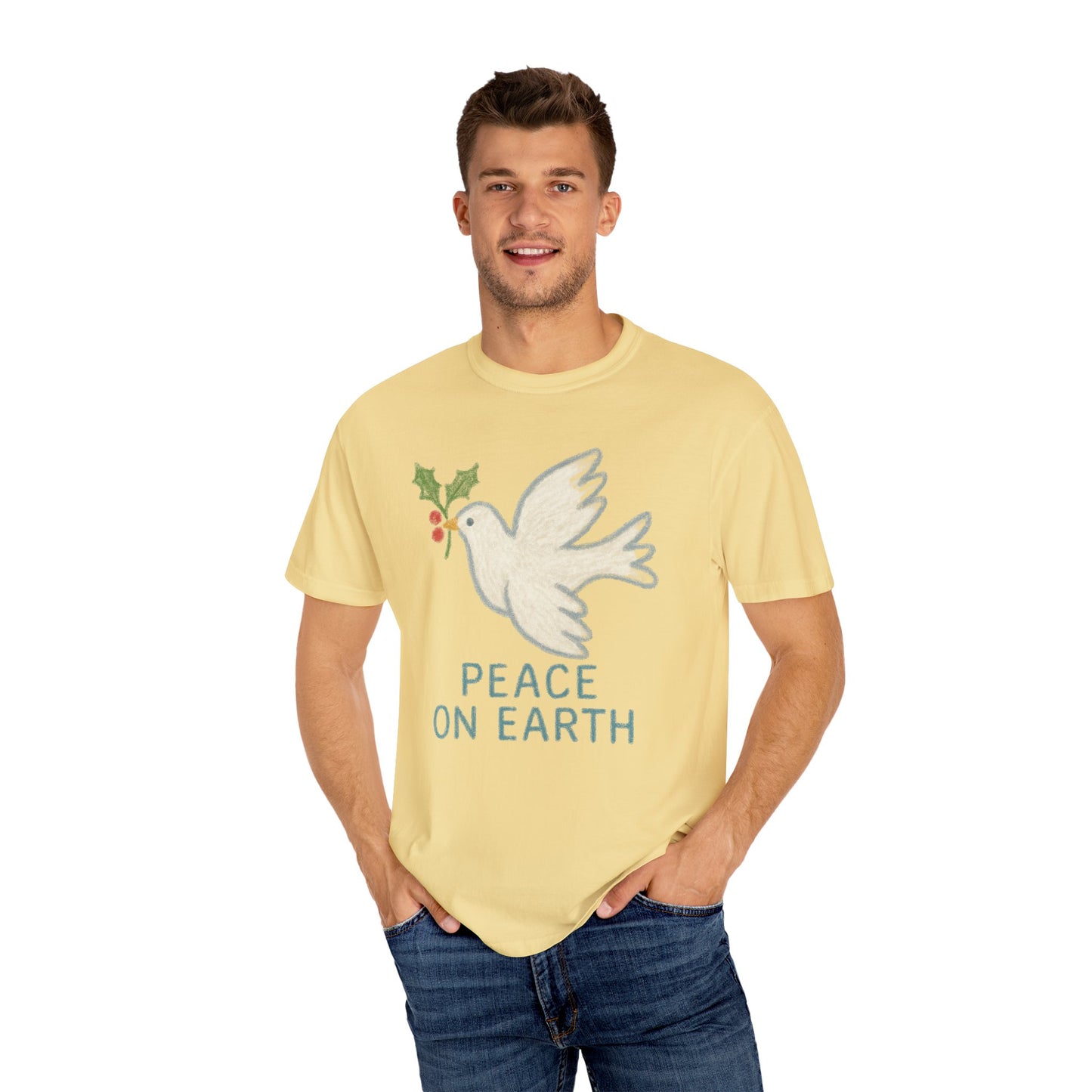 Peace on Earth Dove T-shirt | Holiday Dove with Holly Branch Comfort Colors T-Shirt