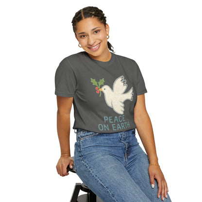 Peace on Earth Dove T-shirt | Holiday Dove with Holly Branch Comfort Colors T-Shirt